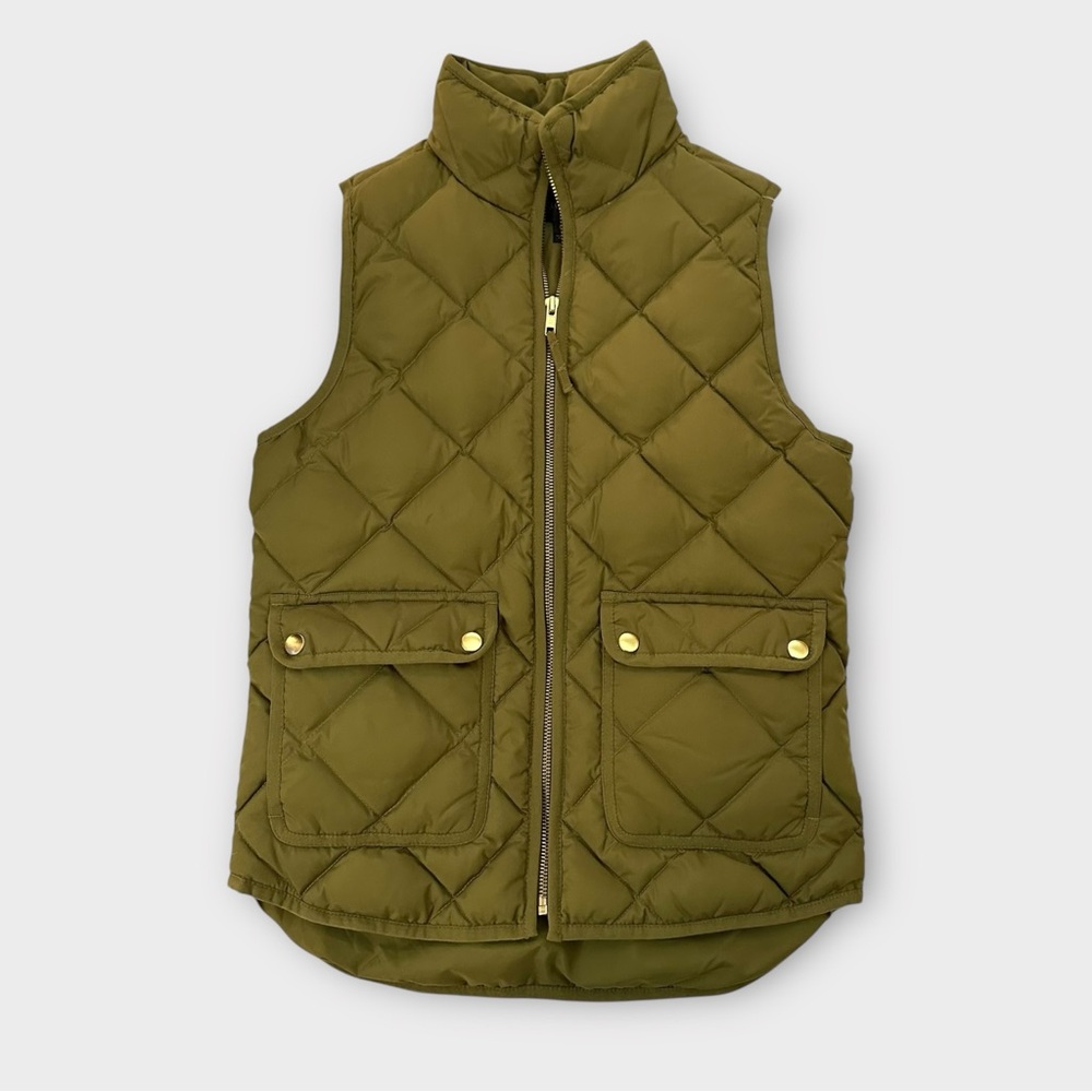 J.Crew Quilted Puffer Excursion‎ Vest Size XXS Olive Green Sleeveless Full Zip